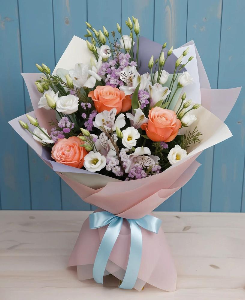 Букет цветов из: Лизиантусы, Розы, Альстромерии и Гипсофила в Жирово