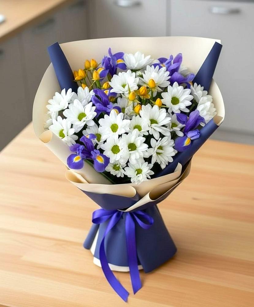 Букет цветов из: Розы, Ирисы и Хризантемы в Жирово