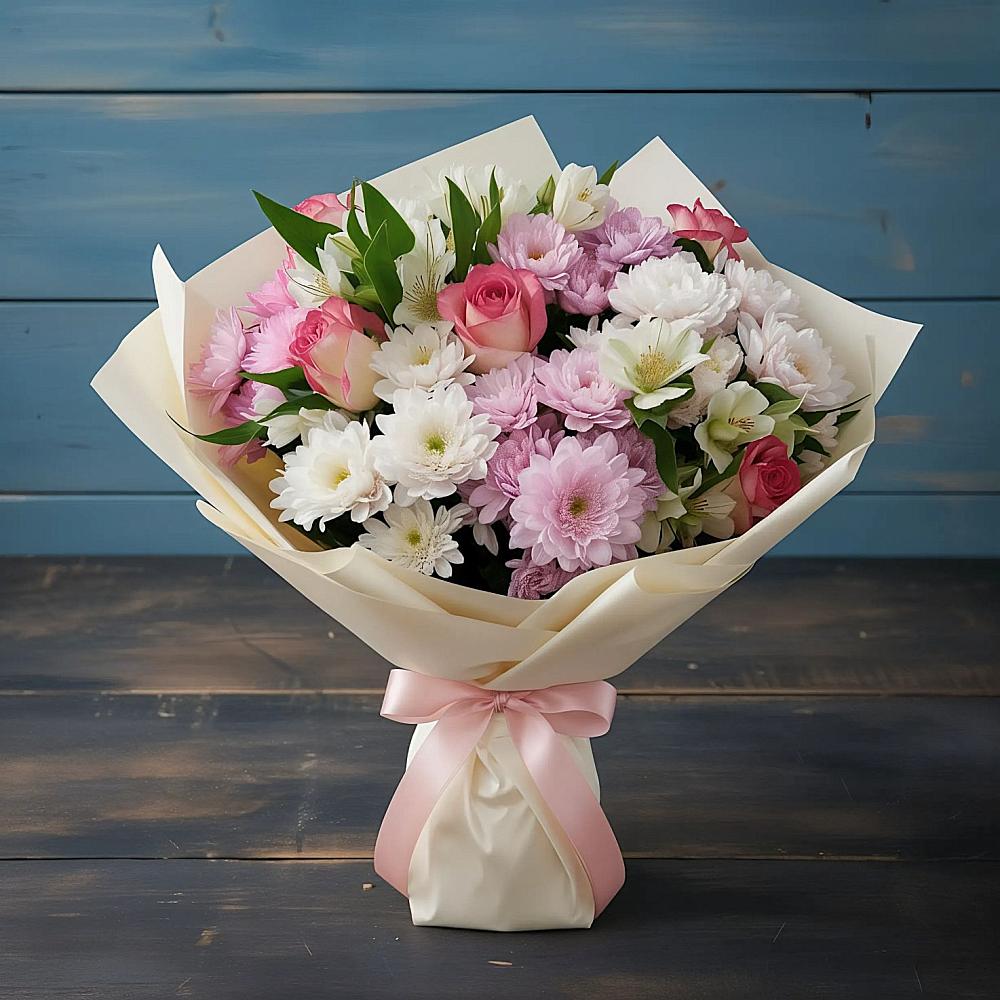 Букет цветов из: Хризантемы, Альстромерии и Розы в Жирово